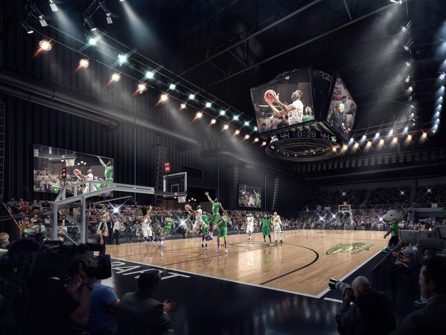 Artist impressions of the renovations to be undertaken on the old Derwent Entertainment Centre ahead of it hosting NBL basketball games. SUPPLIED