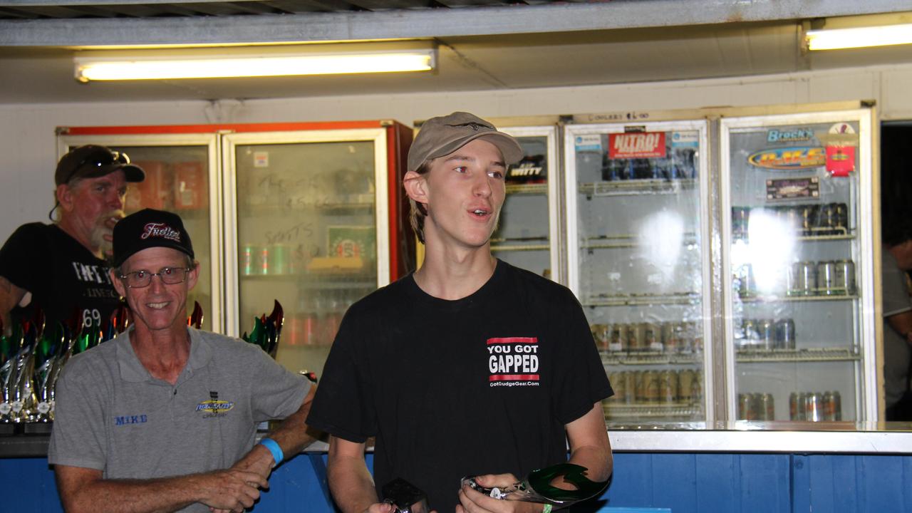 Caleb Seng thanks his sponsors after receiving the trophy for first in the junior dragster class at Benaraby dragway. Picture: Rodney Stevens
