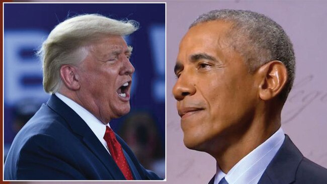 Barack Obama’s, right, speech to the Democratic National Convention, directed at Donald Trump, left, was as brutal and as cutting as anything he has delivered in his career. Pictures: AFP