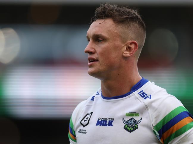 NEWCASTLE, AUSTRALIA - MARCH 26: Jack Wighton of the Raiders is sent off during the round four NRL match between Newcastle Knights and Canberra Raiders at McDonald Jones Stadium on March 26, 2023 in Newcastle, Australia. (Photo by Scott Gardiner/Getty Images)