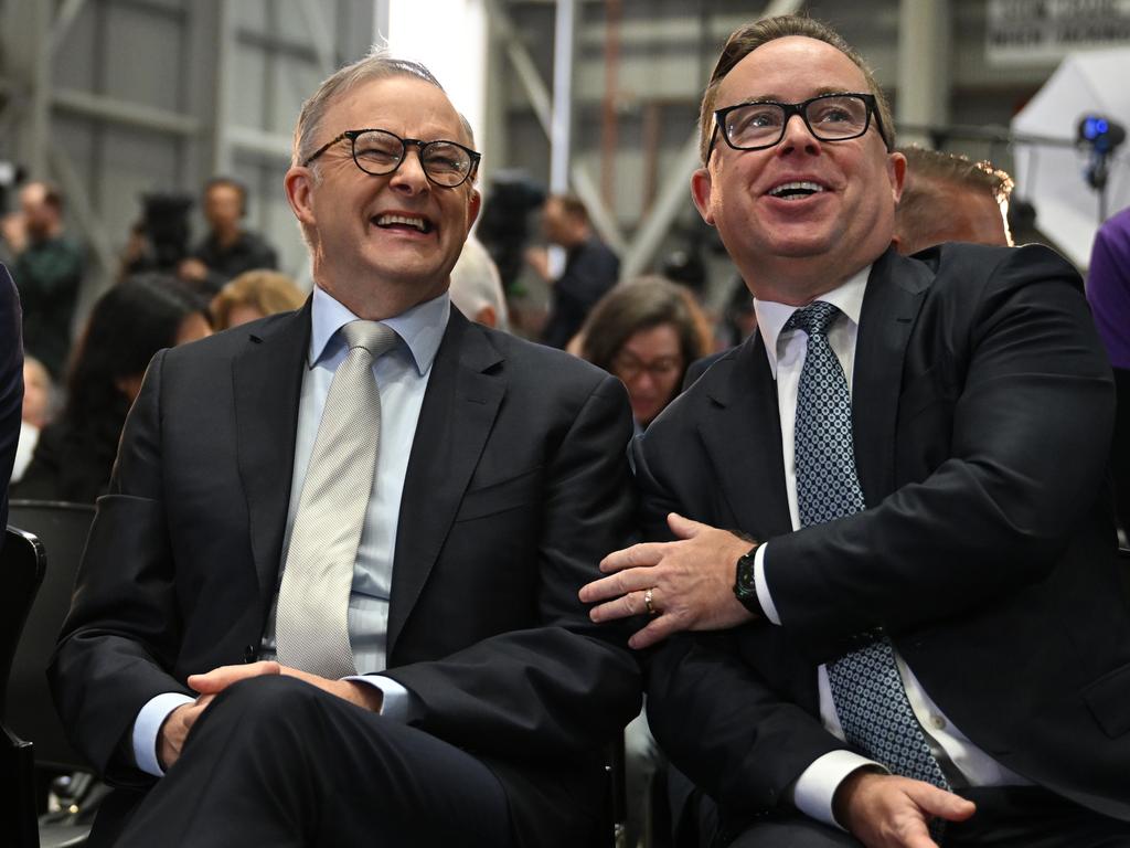 It’s good to have friends in high places. Prime Minister Anthony Albanese and Qantas CEO Alan Joyce were in high spirits unveiling Yes23 livery for some of aircraft ahead of last year’s referendum. Picture: AAP Image/Dean Lewins