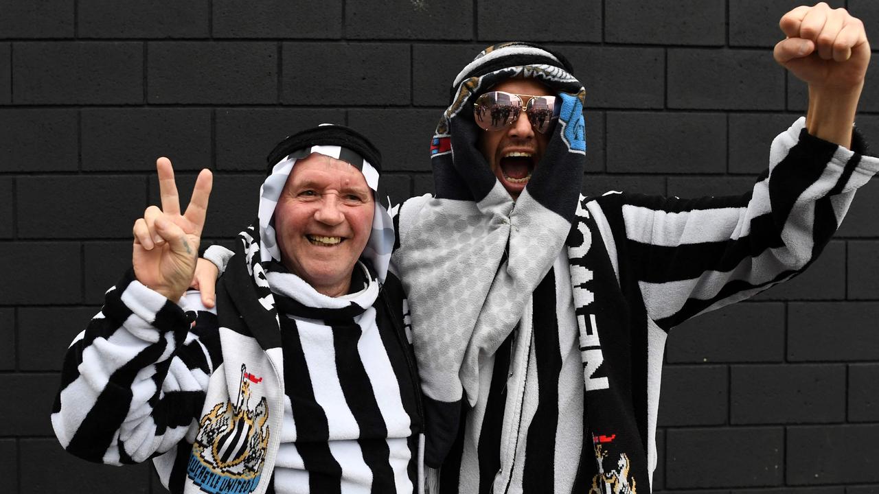 Newcastle supporters have been told to stop wearing clothes that may be seen as “culturally inappropriate”. (Photo by Paul Ellis/AFP)