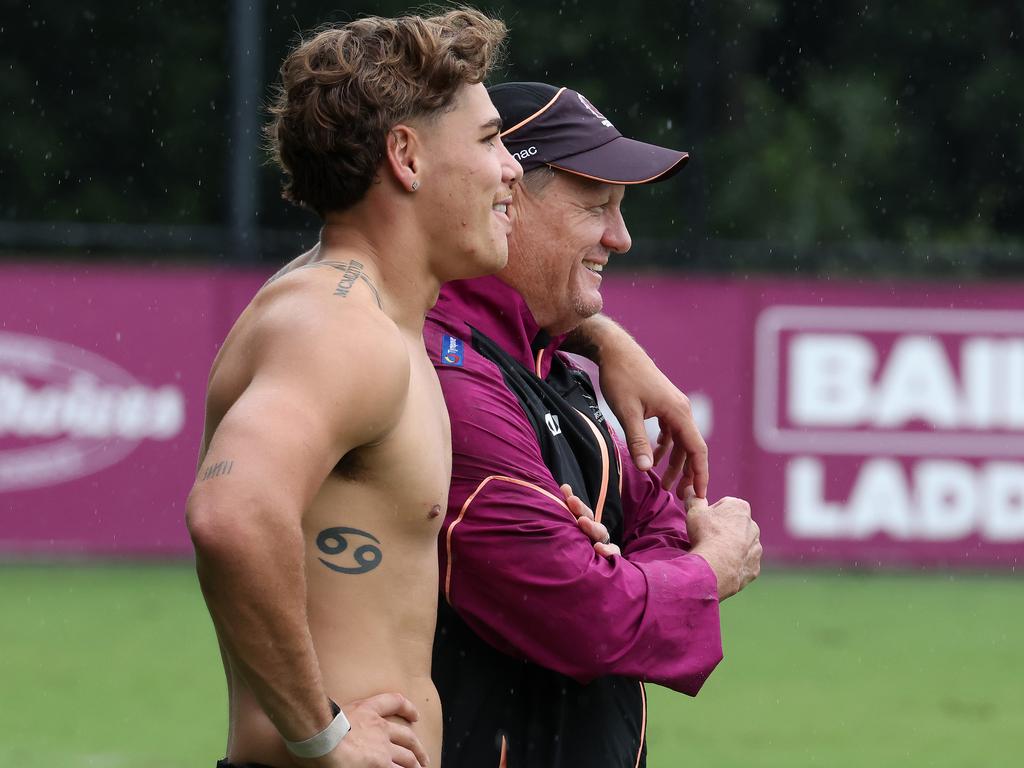 Reece Walsh with former Broncos coach Kevin Walters. Picture: Liam Kidston