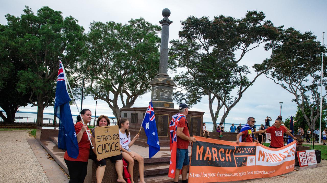 Protesters congregate at the Cenotaph at a Free in the NT march in Darwin. Picture: Glenn Campbell