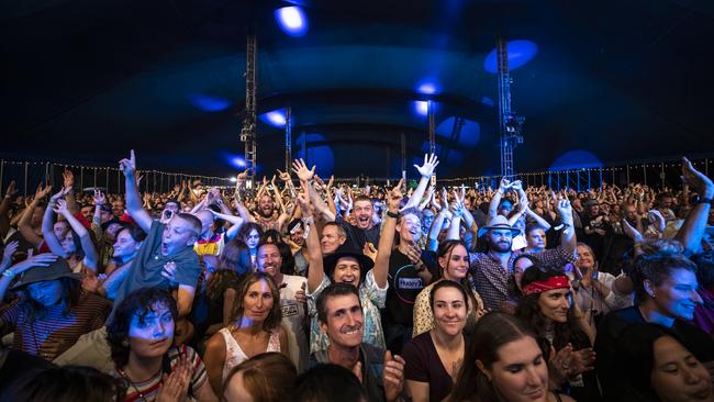 Happy music fans up at the front barrier at one of Bluesfest 2022’s main stage performances. Picture: Joseph Mayers