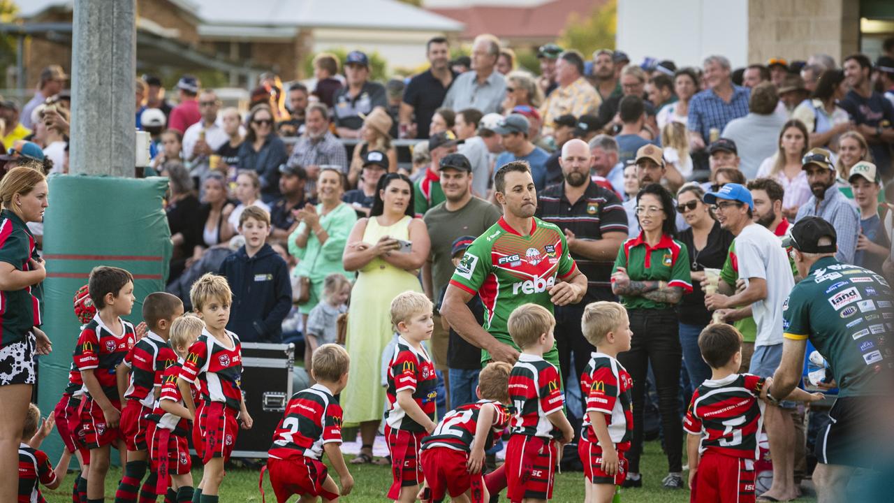 The Danes Allstars run out at the NRL Legends of League event at Club Pittsworth.