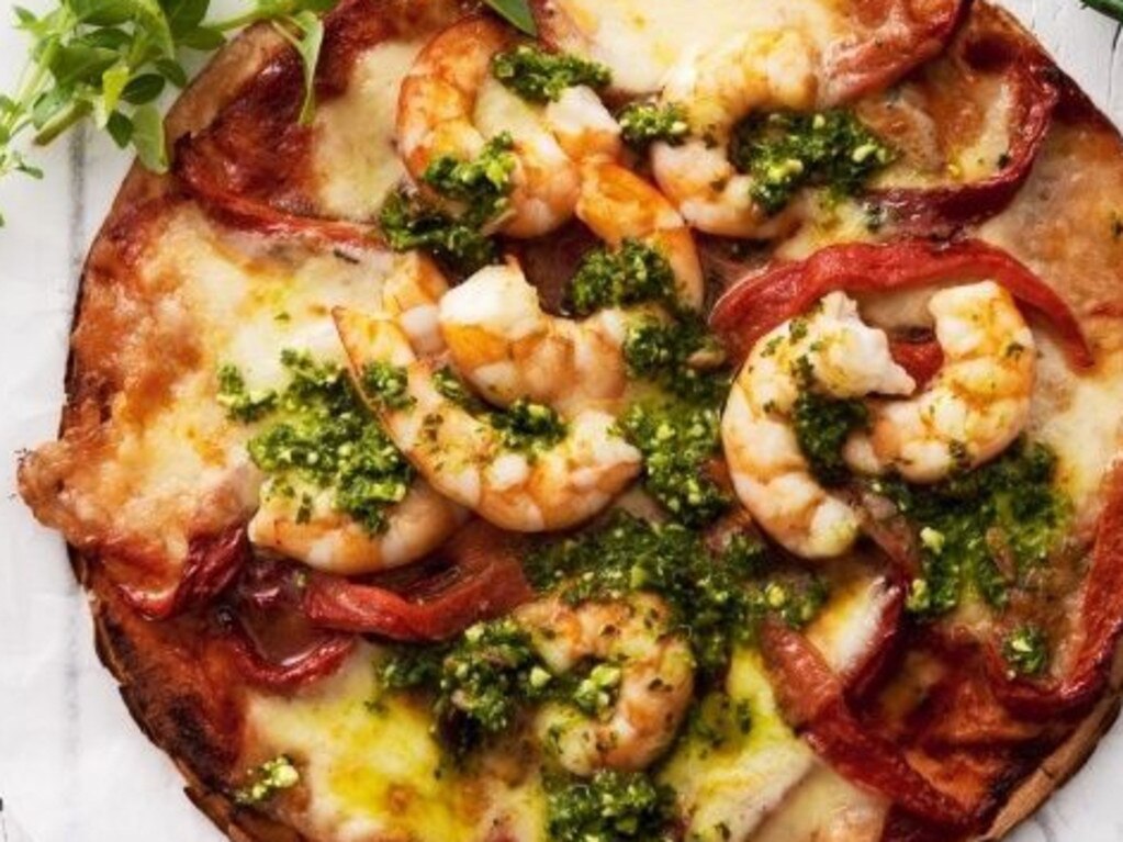 Prawn, roasted capsicum and pesto pizza.