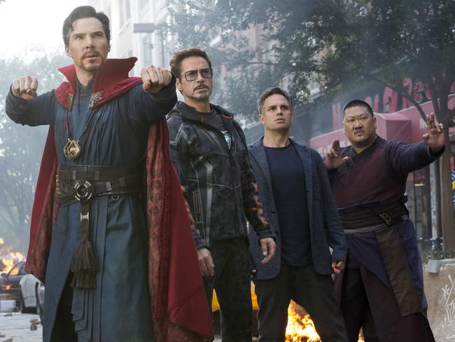 Downey’s Tony Stark/Iron Man (second from left) teams with (from left) Benedict Cumberbatch’s Doctor Strange, Mark Ruffalo’s Bruce Banner/Hulk and Benedict Wong’s Wong against the threat of Thanos in the new Avengers: Infinity War. Picture: Marvel Studios/Disney