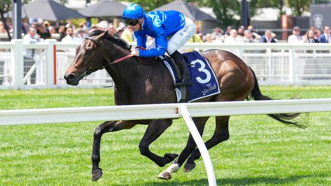 Pisces, ridden by James McDonald, wins the Blue Sapphire Stakes at Caulfield Racecourse on November 16. Picture: Scott Barbour / Racing Photos