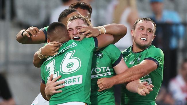 SYDNEY, AUSTRALIA - FEBRUARY 17:  Noah Martin of the Raiders celebrates with team mates after scoring a try during the NRL Pre-season challenge match between Parramatta Eels and Canberra Raiders at Netstrata Jubilee Stadium on February 17, 2024 in Sydney, Australia. (Photo by Matt King/Getty Images)