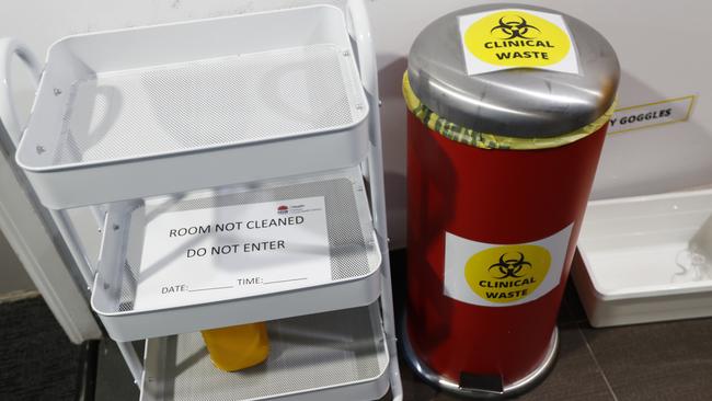 Waste bins outside the rooms for PPE gear to be discarded. Picture: Sam Ruttyn