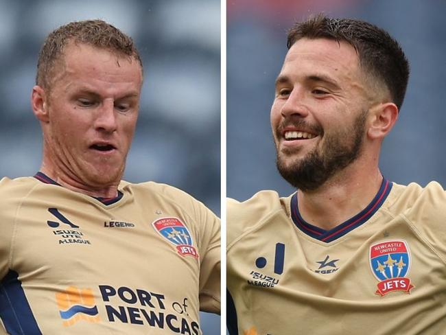 Newcastle Jets players Trent Buhagiar and Apostolos Stamatelopoulos in action against the Western Sydney Wanderers during round three of the 2023-24 A-League Men's season. Picture: Scott Gardiner/Getty Images