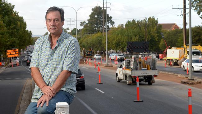 1/4/16. A Hackney family unable to sleep during nightworks on the O-Bahn project - Drew Dawson in front of his family home on Hackney Rd Pic: Keryn Stevens