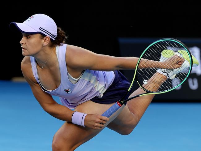 Australian Open tennis. 09/02/2021. Day 2..  Ash Barty vs Danka Kovinic on Rod Laver Arena .   Ash Barty serves . Pic: Michael Klein