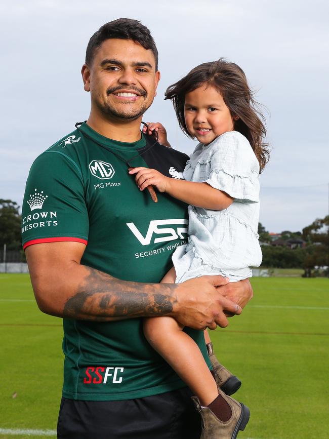 Latrell Mitchell and his daughter Aleena. Picture: Gaye Gerard