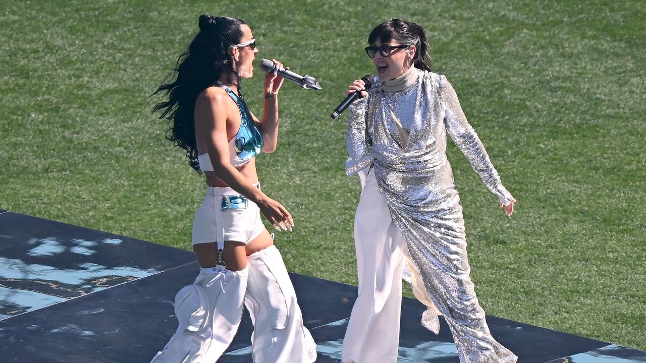 Arena (right) back on stage for a recent high-profile gig: Duetting with Katy Perry at the AFL Grand Final. Picture: Josh Chadwick/AFL Photos/Getty