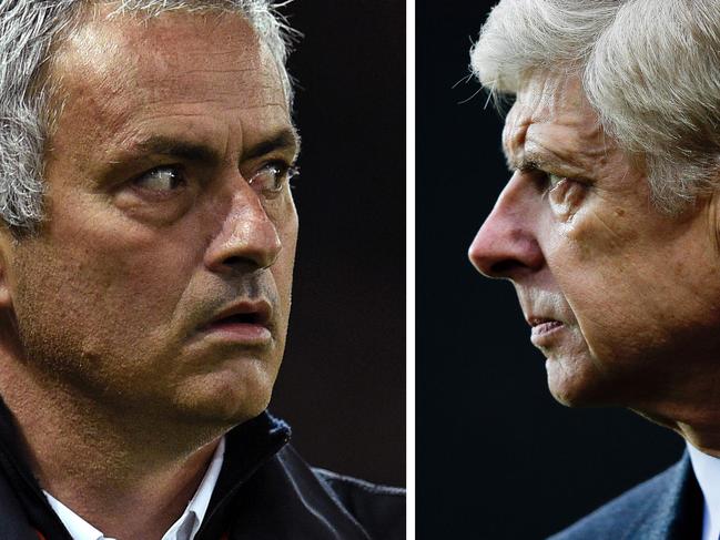 A combination of pictures created in London on November 17, 2016 shows Manchester United's Portuguese manager Jose Mourinho (L) arriving for the English League Cup fourth round match between Manchester United and Manchester City at Old Trafford in Manchester, north west England on October 26, 2016 and Arsenal's French manager Arsene Wenger (R) watching his players during the English Premier League football match between Aston Villa and Arsenal at Villa Park in Birmingham, central England on December 13, 2015. The next chapter in one of the Premier League's most volatile managerial rivalries will be written this weekend on November 19, 2016 when Arsene Wenger's Arsenal visit Jose Mourinho's Manchester United. Sparks often flow when the pair are obliged to share a touchline, typified by a notorious shoving match during a Chelsea-Arsenal fixture at Stamford Bridge two years ago. / AFP PHOTO / Oli SCARFF AND Adrian DENNIS / RESTRICTED TO EDITORIAL USE. No use with unauthorized audio, video, data, fixture lists, club/league logos or 'live' services. Online in-match use limited to 75 images, no video emulation. No use in betting, games or single club/league/player publications. / TO GO WITH STORY BY TOM WILLIAMS