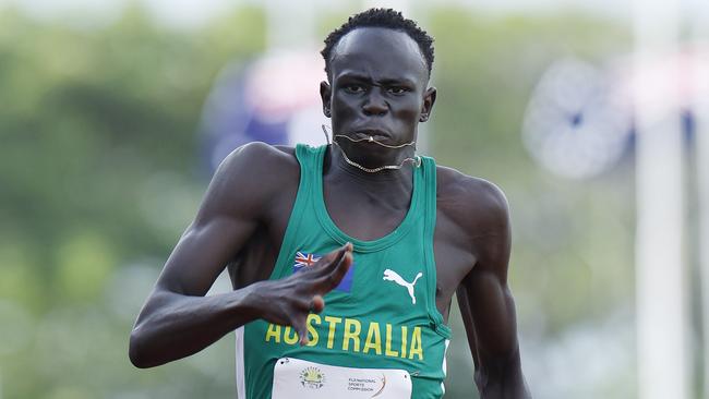 SUVA, FIJI . June 7 , 2024.  Oceania Athletics Championships at HFC Bank Stadium, Suva.   Australian Gout Gout easily wins the under 20s 200 mtr final      . Pic: Michael Klein