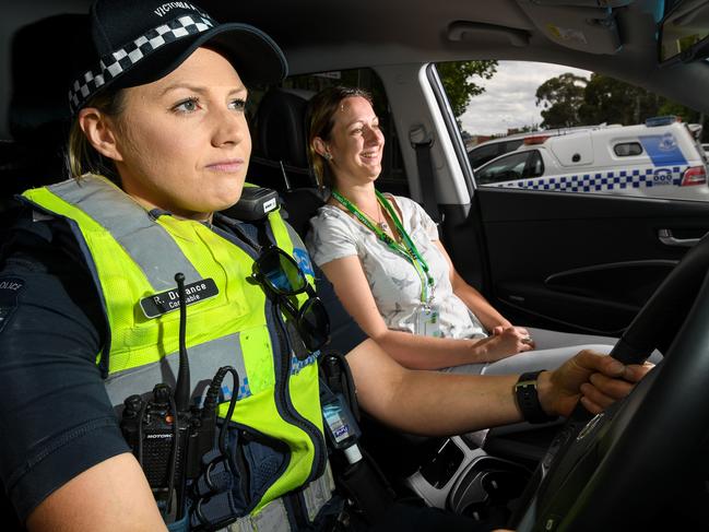 First Constable Rachael Durance and Sarah Wolokh , youth worker with Youth Supprt and Advocacy Service on patrol in Dandenong.  PICTURE : PENNY STEPHENS