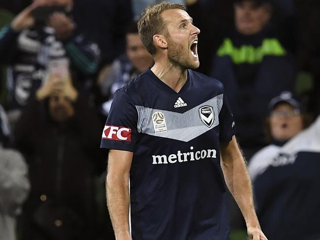 Melbourne Victory player Ola Toivonen celebrates scoring in the A-League elimination final against Wellington Phoenix. 