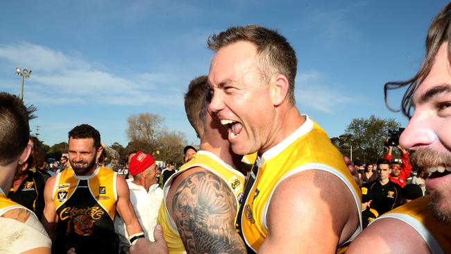 Frankston YCW big man Ash Eames celebrates the Stonecats’ fourth successive premiership win last September. Picture: Mark Dadswell