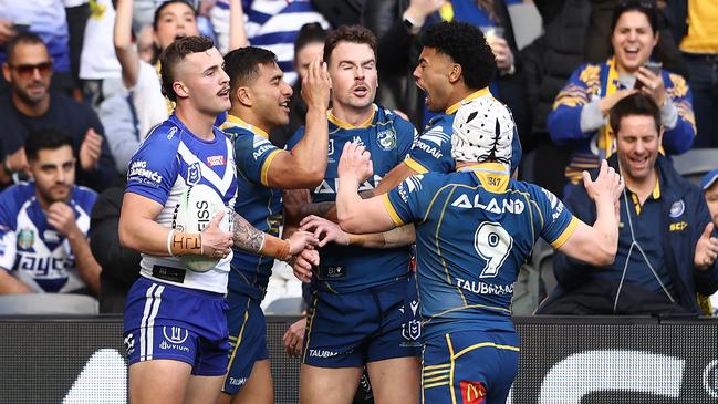 The Eels celebrate Will Penisini try against the Bulldogs. Picture: Matt Blyth/Getty Images