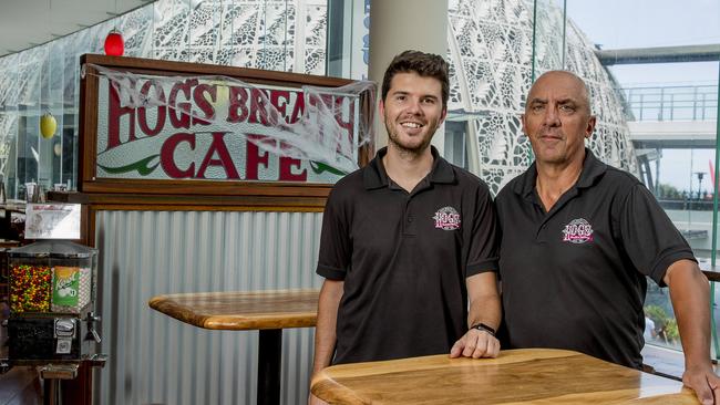 Hog’s Breath Surfers Paradise manager Ethan Glanville and Hog’s Gold Coast general manager Chris Glanville at the Surfers Paradise restaurant, which won an award for highest gross profit percentage. Picture: Jerad Williams