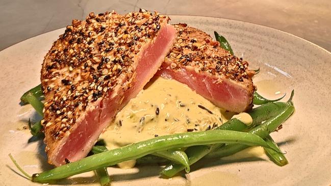 Dukkah crusted tuna on wild rice at Fire and Vine restaurant, Glenunga.