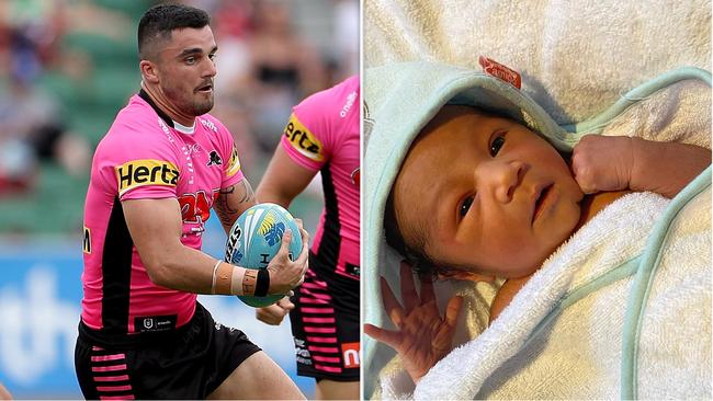 Caleb Aekins and his newborn son, Nixon. Main picture: AAP Image/Richard Wainwright