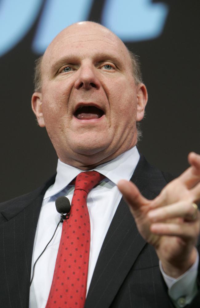 Microsoft CEO Steve Ballmer, addresses the media during a news conference at the CeBIT in Hanover, northern Germany 03/03/2008.
