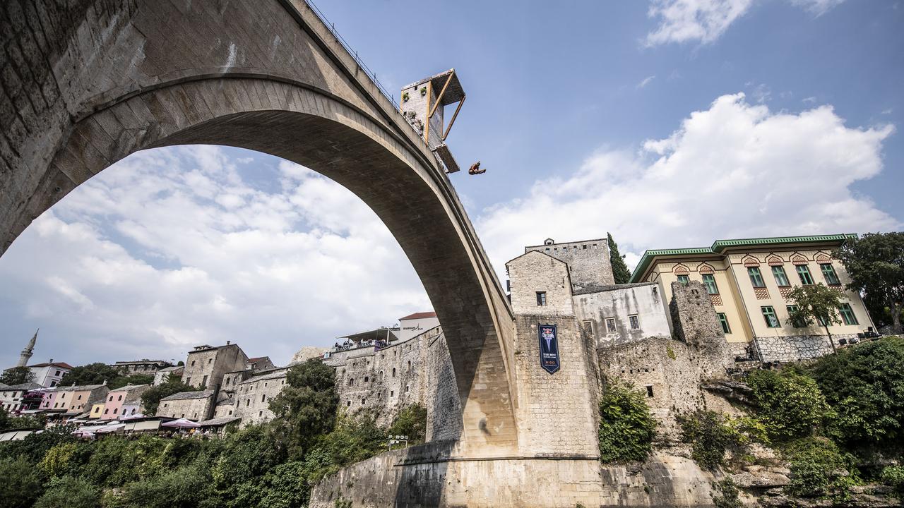 Australian Rhiannan Iffland dives from the 21 metre platform on Stari Most during the Red Bull Cliff Diving World Series on August 23, 2019. Picture: Dean Treml/Red Bull via Getty Images