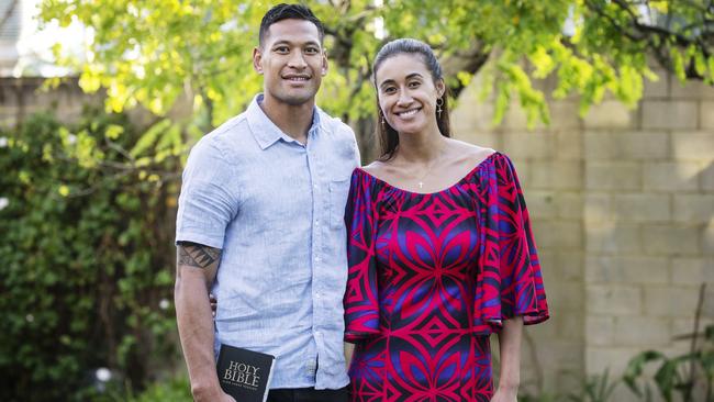 Israel Folau with his wife Maria Folau after a Sunday service. Picture: Hollie Adams