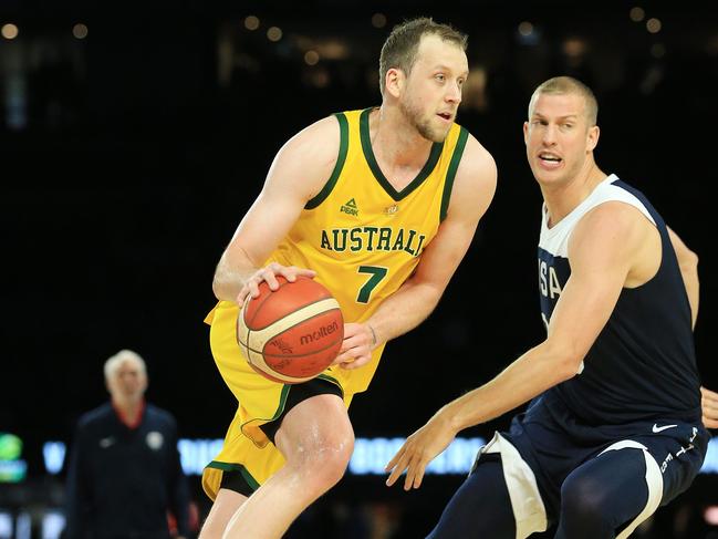 International Basketball Series Australian Boomers V USA Basketball at Marvel Stadium, Saturday August 24, 2019. Joe Ingles of the Boomers in action. Picture: Mark Stewart