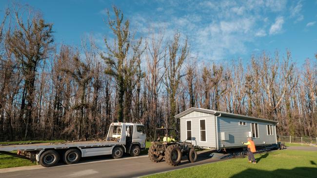 Two replacement homes have been delivered to Lake Conjola Ingenia Lifestyle after New Year’s Eve bushfires destroyed the homes of Bob and Pat Prisk and Gabrielle McNeill. Pictures: Ingenia Lifestyle/supplied.