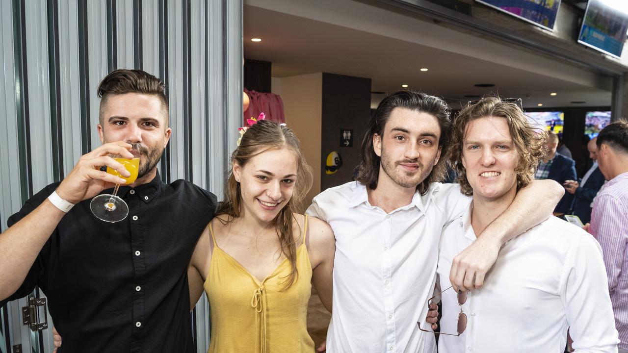 At the Melbourne Cup party at The Rock are (from left) Brandon Traynor, Lilly Otto, Bayley O'Donnell and Campbell Coghlan, Tuesday, November 1, 2022. Picture: Kevin Farmer