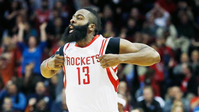 James Harden celebrates a basket against Philadelphia.