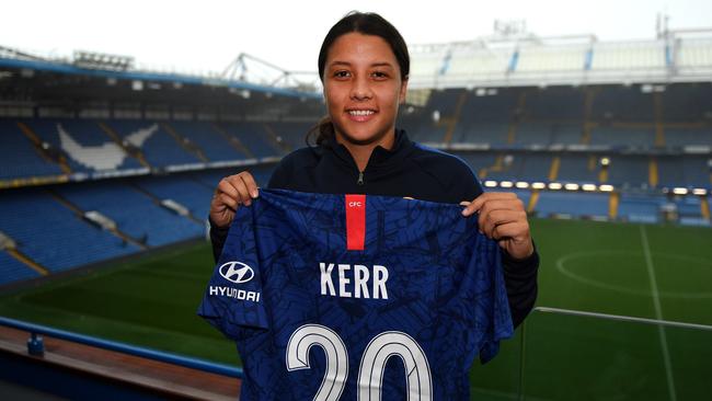 Sam Kerr pictured at Stamford Bridge after signing for Chelsea.