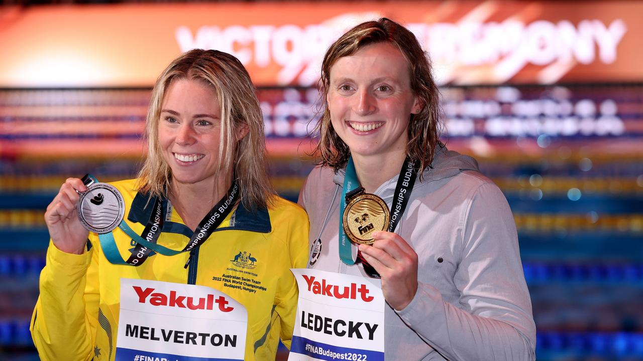 BUDAPEST, HUNGARY – JUNE 24: (L-R) Silver medallist Kiah Melverton of Team Australia and Gold medallist Katie Ledecky of Team United States pose for a photo during the medal ceremony for the Women's 800m Freestyle Final on day seven of the Budapest 2022 FINA World Championships at Duna Arena on June 24, 2022 in Budapest, Hungary. (Photo by Maddie Meyer/Getty Images)
