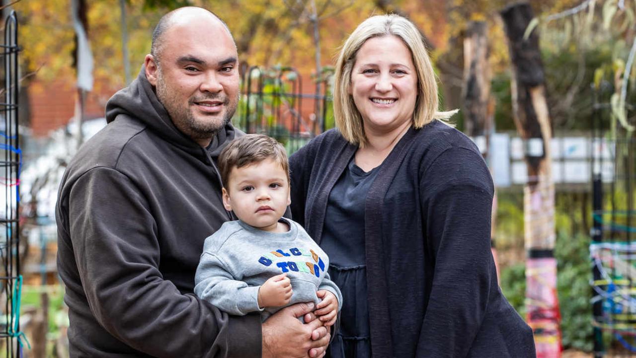 Charlie and Krystal Kimble with son Nate, 1, who will benefit from extra state government spending on preschool and kindy. Picture: Tom Huntley