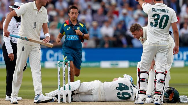 Steve Smith lies on the pitch after being hit. Picture: AFP