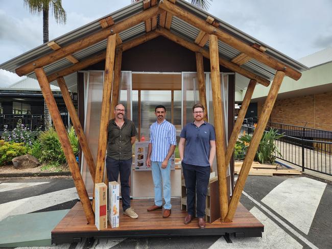 Southern Cross University Professor Andrew Rose, University of Queensland PhD candidate Mahmoud Abu-Saleem and University of Queensland associate professor of civil engineering Joe Gattas with the prototype at Southern Cross University.