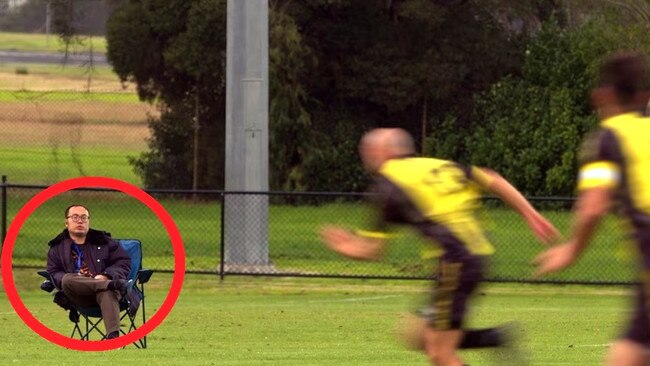 A data scout watching a local football match. Photo: ABC, Four Corners: Craig Hansen.