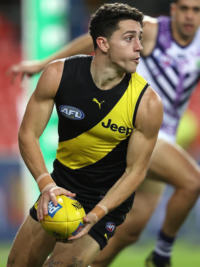 Jason Castagna creates chaos in Richmond’s forward line. Picture: Michael Klein