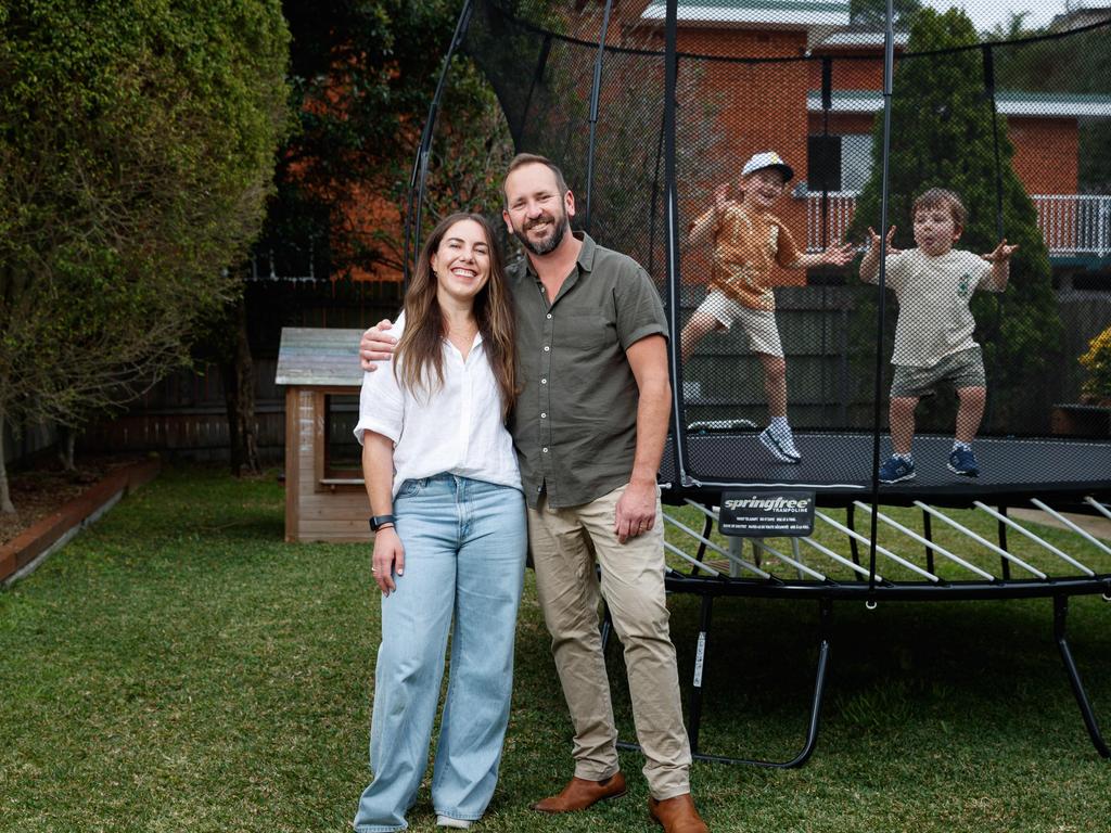 Real estate writer Tim McIntyre pictured with his wife Simone du Toit and their sons Jack, 5, and Tommy, 3 saved his family $3000 due to one phone call to the bank. Picture: Max Mason-Hubers