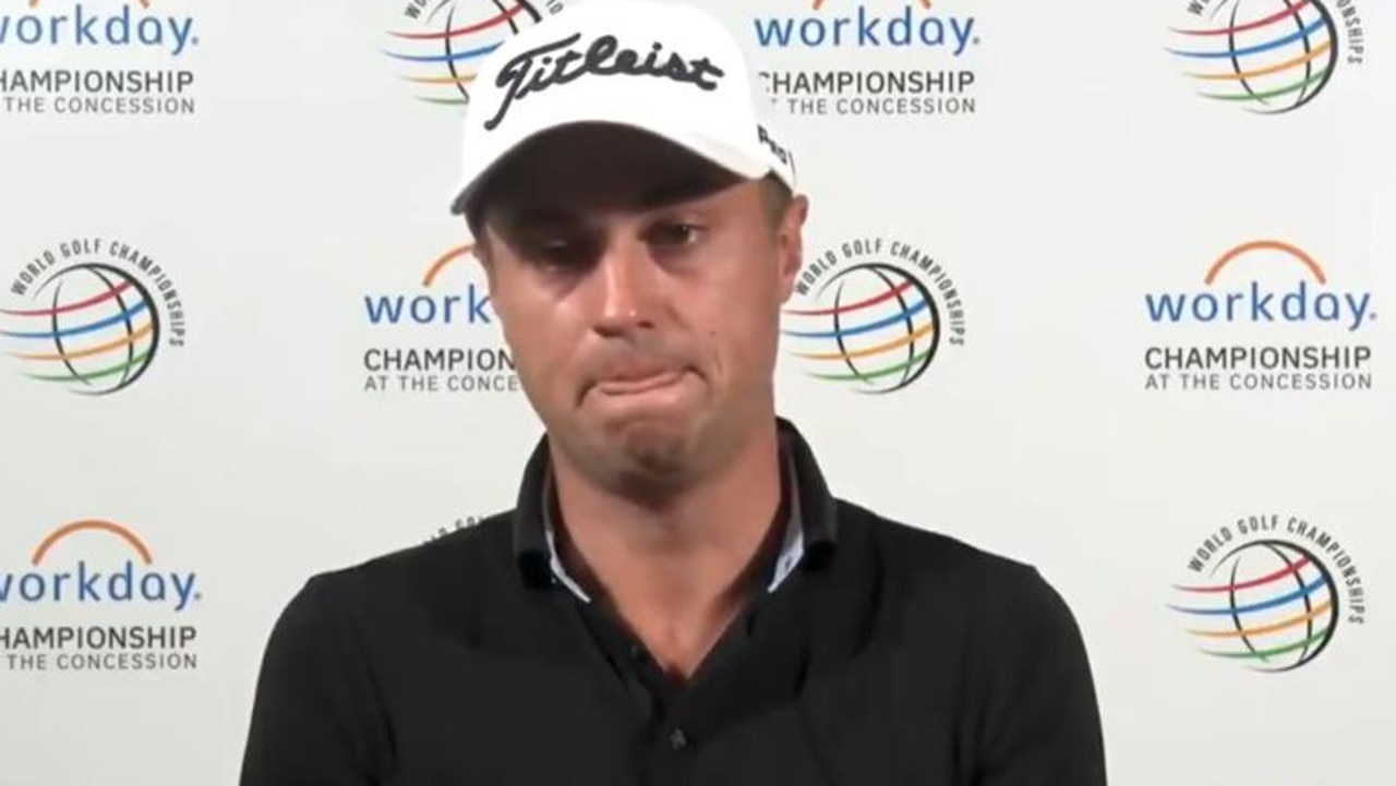 Justin Thomas fights back tears.