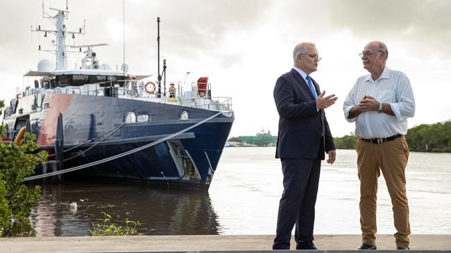 ELECTION TEAM 2022 LIBERAL BUS TOUR 28/4/2022 Former Prime Minister Scott Morrison for a Marine Precinct Announcement at Norship Cairns QLD with Warren Entsch. Austal Picture: Jason Edwards