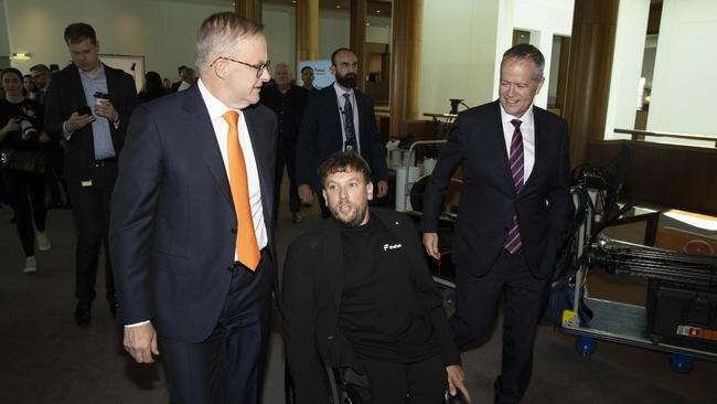 Prime Minister Anthony Albanese and Dylan Alcott with National Disability Insurance Scheme Minister Bill Shorten launching The Field. Picture: Gary Ramage