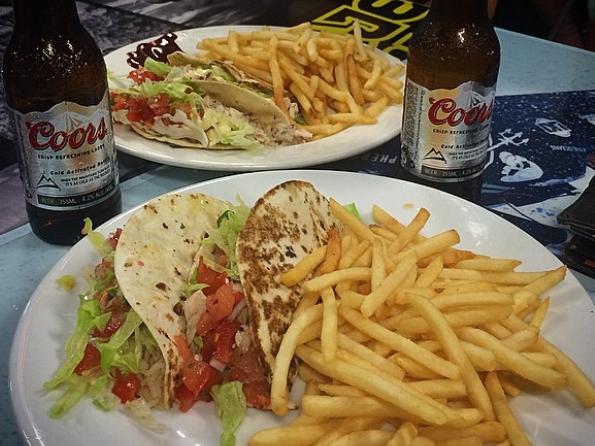 What a feed … tacos and chips from Wahoo’s Fish Tacos Burleigh Heads