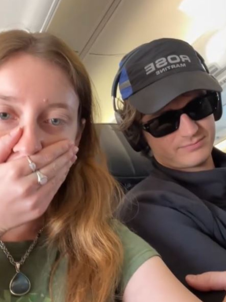 A TikToker was surprised to see Stranger Things star Joe Keery seared next to her on a flight to Sydney. Picture: TikTok