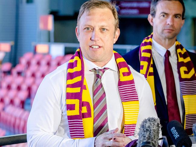 Deputy Premier Steven Miles with Broncos CEO Dave Donaghy to announce Suncorp Stadium will remain the âHome of the Broncosâ, after the Broncos signed a landmark extension, Sunday, July 10, 2022 - Picture: Richard Walker